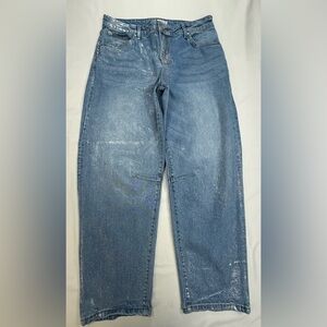 Kut from the Kloth Medium Blue High-Rise barrel W/ silver metallic  brushed on